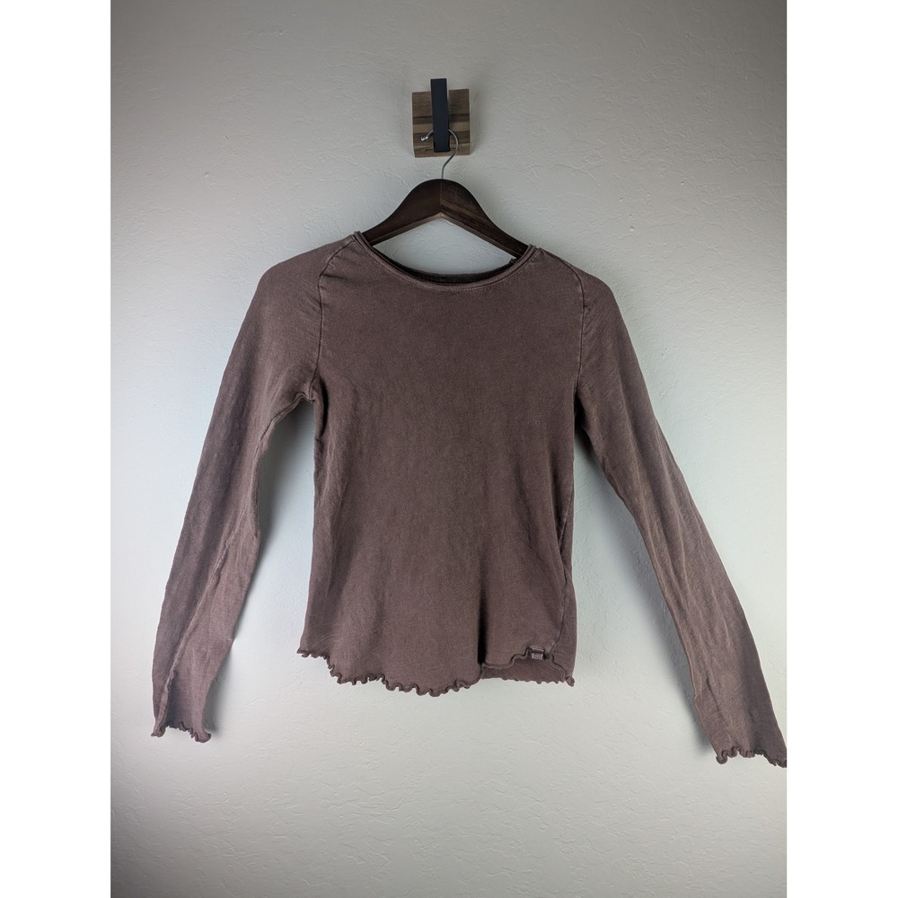 We The Free Free People Long Sleeve Top Brown Taupe Lettuce Edge Seam M